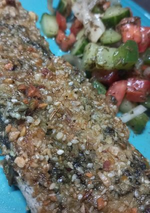 A picture of Hake with Basil and Dukkah crust.