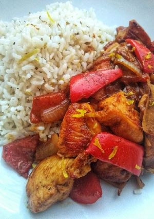 A picture of Honey & Mustard Chicken With Lemon & Oregano Rice.