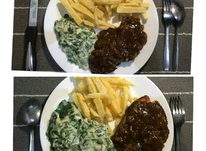 Foto resep Salmon/Beef Steak + Creamy Spinach + French Fries