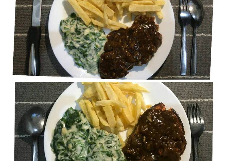 Salmon/Beef Steak + Creamy Spinach + French Fries
