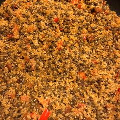 A picture of Quinoa, lentils and chorizo  salad.