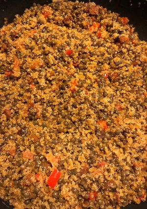 A picture of Quinoa, lentils and chorizo salad.