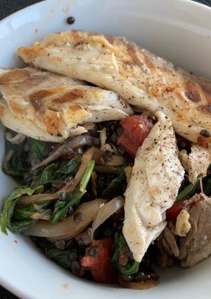 A picture of Spinach & Black Lentils with Seabass.