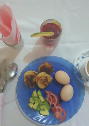 A picture of Drop scones, juice, boiled eggs, tea &salad #Eldy bfast contest.