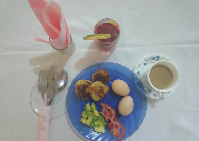 Drop scones, juice, boiled eggs, tea &amp;salad #Eldy bfast contest