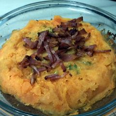 A picture of LG BAKED SWEET POTATO WITH BLUE CHEESE TOP SMOKE BACON.