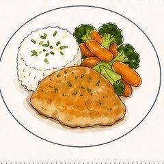 Oven-baked chicken with rice and roasted vegetables A picture of Oven-baked chicken with rice and roasted vegetables.