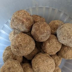 A picture of Moong and rice laddu.