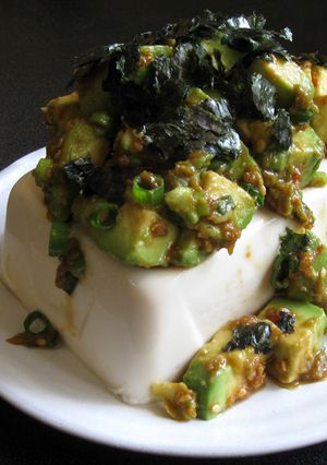 A picture of Cold Tofu & Avocado with ‘Yakiniku’ Sauce.