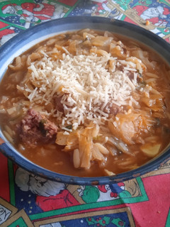 A picture of Soup with Sausage, Cabbage, and Orzo!.