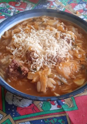 A picture of Soup with Sausage, Cabbage, and Orzo!.