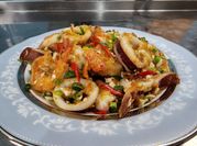 A picture of calamari and shrimps