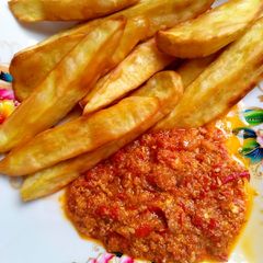 Fried sweet potato with egg sauce A picture of Fried sweet potato with egg sauce.