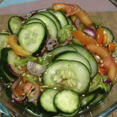 Israeli Salad + Pipino (Cucumber) Ensalada - pickled no cook A picture of Israeli Salad + Pipino (Cucumber) Ensalada - pickled no cook.