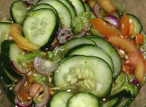 A picture of Israeli Salad + Pipino (Cucumber) Ensalada - pickled no cook.