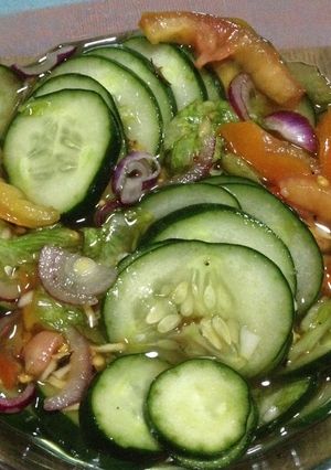 A picture of Israeli Salad + Pipino (Cucumber) Ensalada - pickled no cook.