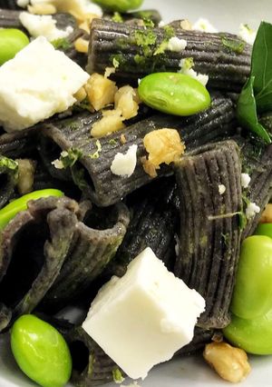 A picture of Black Lentil Pasta with Edamame and Feta.