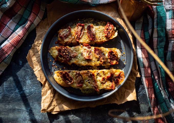 Steps to Make Award-winning Basil pesto bruschetta with sun dried tomatoes and freeze dried cheese flakes