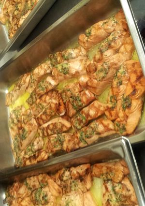 A picture of Grilled salmon and herbs.