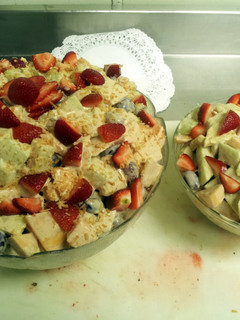 A picture of fruit salad w. romanoff dressing.