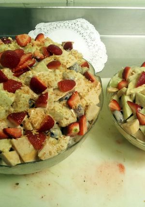 A picture of fruit salad w. romanoff dressing.