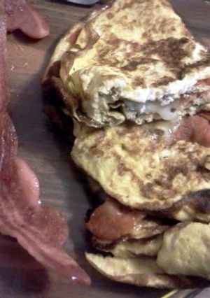 A picture of pepperoni and cheese omlet.