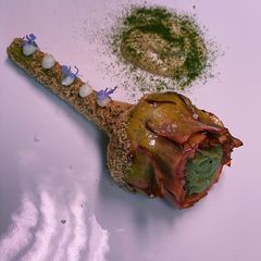 A picture of Artichoke with hazelnut flour, garlic purée and artichoke mayonnaise 💚.