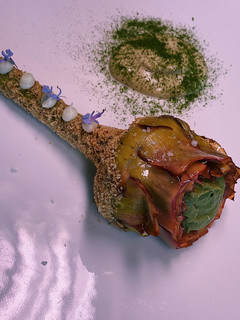 A picture of Artichoke with hazelnut flour, garlic purée and artichoke mayonnaise 💚.