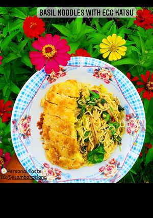 Foto resep Basil Noodles with Egg Katsu