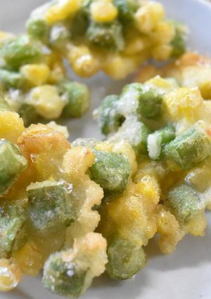 A picture of Colorful Tempura with Green Beans and Corn.