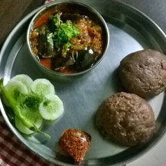 A picture of Ragi Mudde (Sankatti) with Spicy Brinjal Curry (Guti Vankaya).