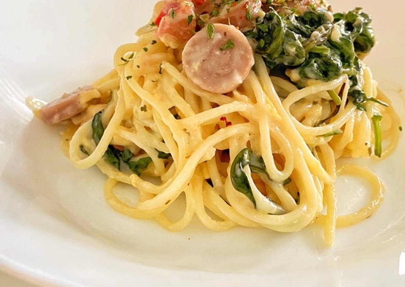 Spagethi Carbonara sayur Kangkung