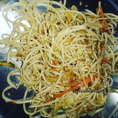 A picture of Spaghetti with indo Chinese twist.