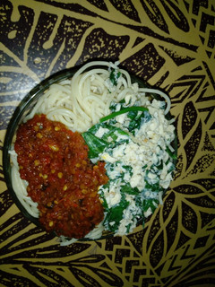 A picture of Spaghetti with omelette and stew.