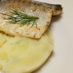 A picture of Pan-fried sea bass on a bed of yoghurt and dill potatoes.