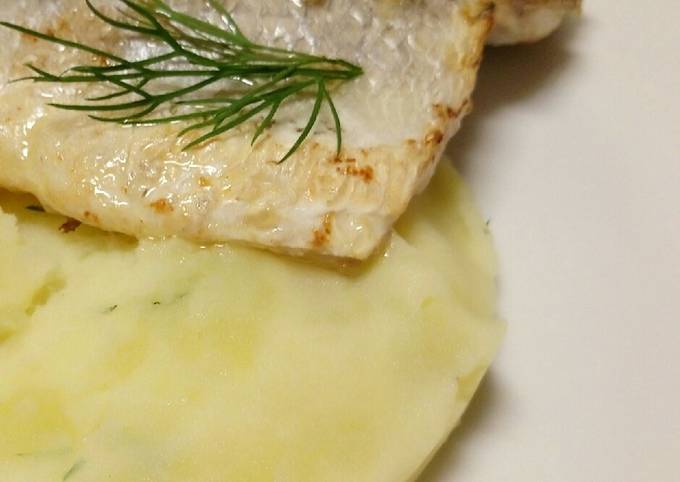 Pan-fried sea bass on a bed of yoghurt and dill potatoes