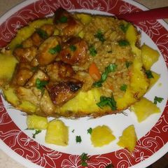 A picture of Teriyaki chicken pineapple bowl.