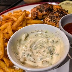 A picture of Tartar sauce and Pink fish 🍣.