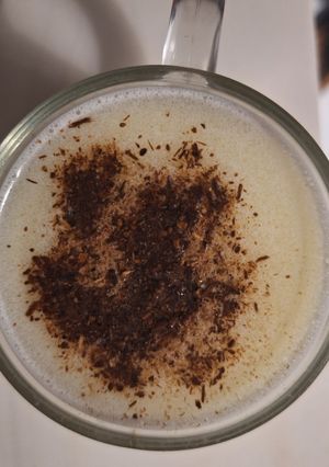 A picture of Keto bone broth drink with milk.