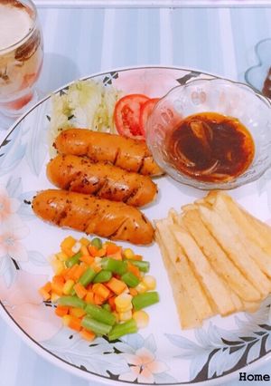 Foto resep Menu komplit Berbuka Puasa varian sosis kentang puding dan buah
