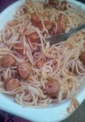 A picture of Tripple S (Spaghetti sausage special).
