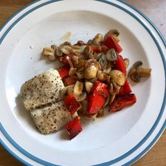 Cod with mushroom and red pepper A picture of Cod with mushroom and red pepper.