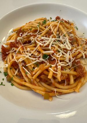 A picture of Bucatini all’ Amatriciana Pasta.