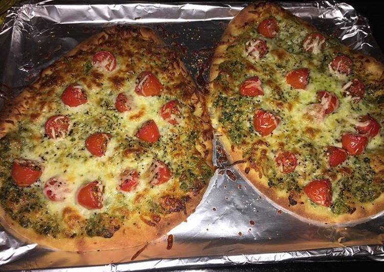 Step-by-Step Guide to Make Super Quick Homemade Naan Bread Pesto Pizza with Cherry tomatoes