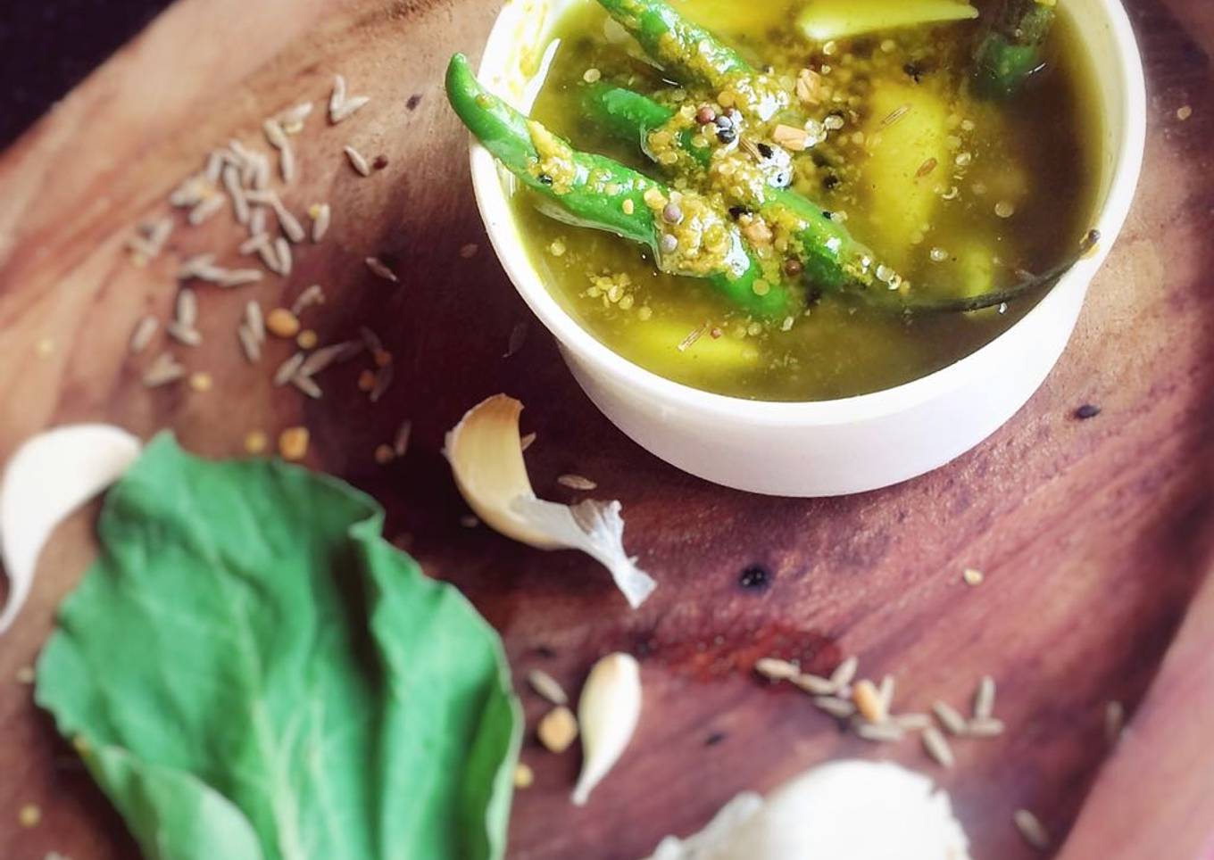 Pickled spinach, garlic and hot pepper