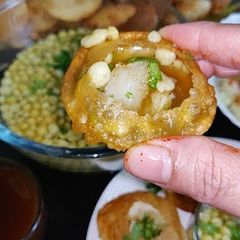 A picture of Pani puri recipe step by step teekha pani boondi imli gud chutne.