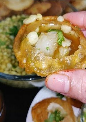 A picture of Pani puri recipe step by step teekha pani boondi imli gud chutne.