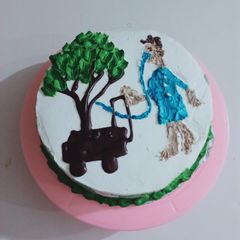 A picture of Vanilla cream cake with chocolate chips inside.