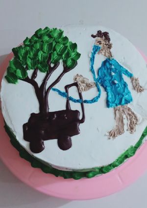 A picture of Vanilla cream cake with chocolate chips inside.