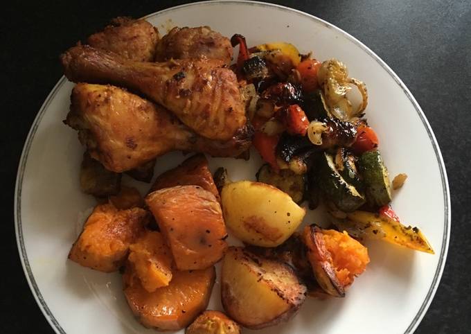 Easy lemon curry chicken legs with sweet potato and veg :)